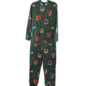 Christmas Cat Union Suit Pajamas Twinkle Lights Green Red Small EUC Works
